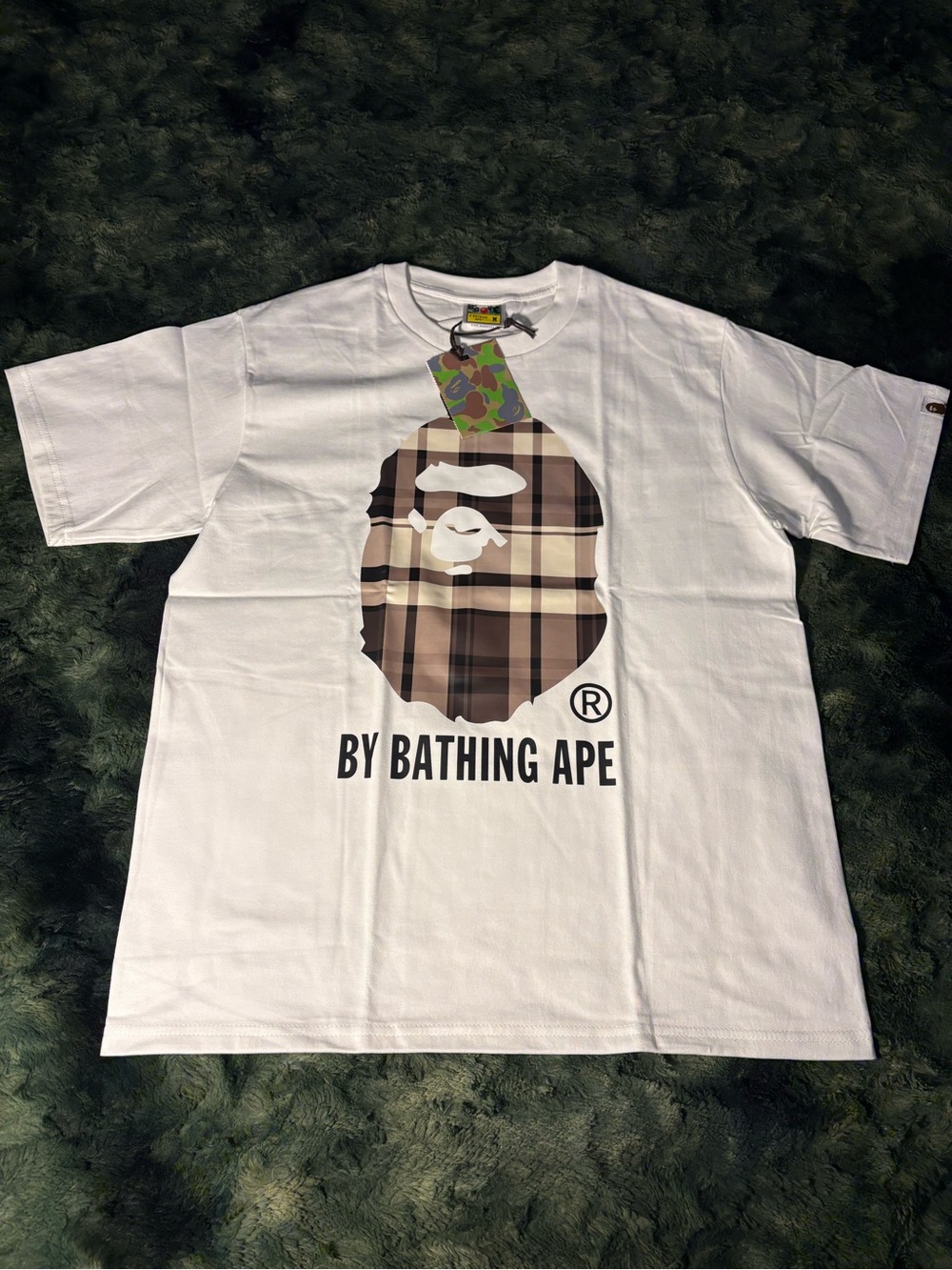 Bape White Tee with Brown Plaid Ape Head